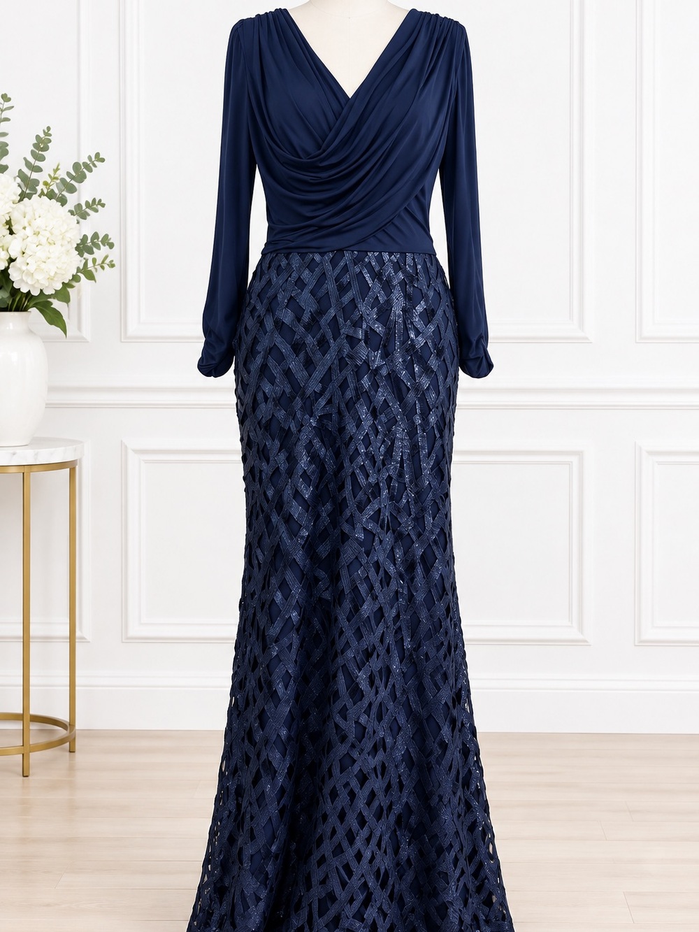 Tadashi Shoji Size 12 Navy Blue Long Sleeve Lace Evening Gown Formal Maxi Dress